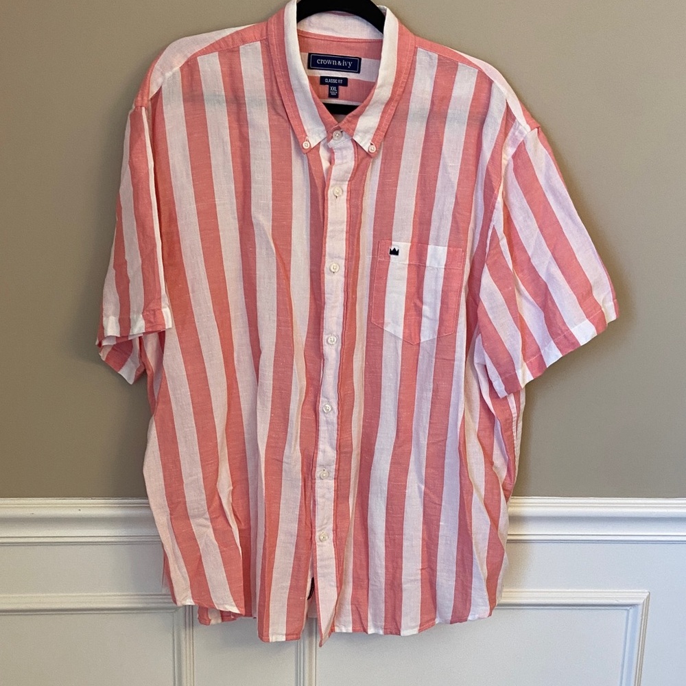 NWOT Men’s Linen/Cotton Blend  Men's Pink and‎ White Striped Shirt - XXL